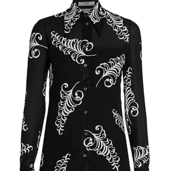 Prada Feather black and white print sheer crepe shirt $1400 - Picture 1 of 11